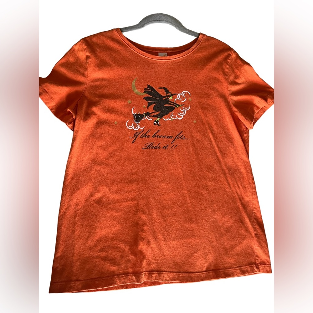 Orange Halloween 🎃 “ If the broom fits ride it” short sleeve T shirt.